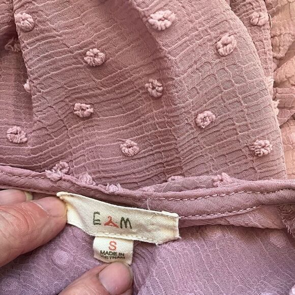 EM Womens Size Small Pullover Blouse Pink Dots Textured Ruffles Long Sleeves - Picture 12 of 14